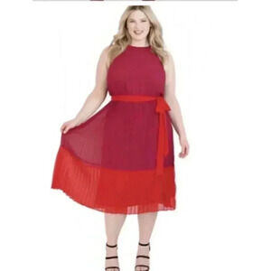 Lane Bryant Dress Women 24W Red Pleated Color Block High Neck Midi Sleeveles NWT